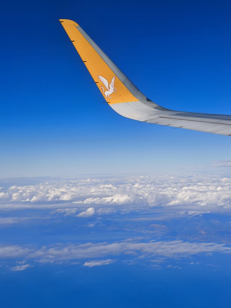 Airplane wing with Pegasus logo soaring above clouds under a clear blue sky.